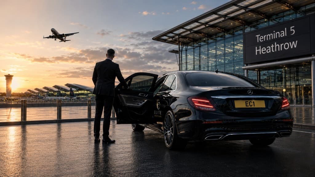 Elite Chauffeuring Mercedes at Heathrow Terminal 5 at sunset
